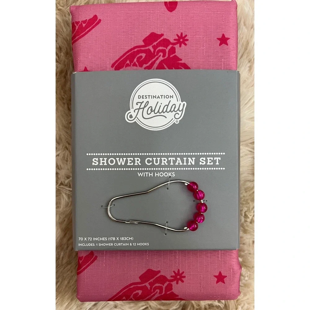 Destination Holiday Pink Shower Curtain Set with 12 Beaded Hooks 70x72 833276